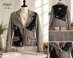 Dance in Paris Brazil Women's Boho Tweed Jacket Lace Embroidered S